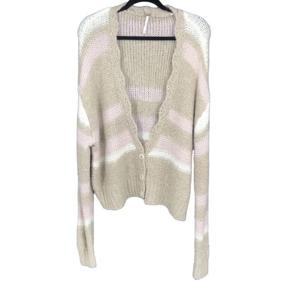 Free People Fine Time Stripe Latte Cardigan Beige & White - Picture 2 of 7
